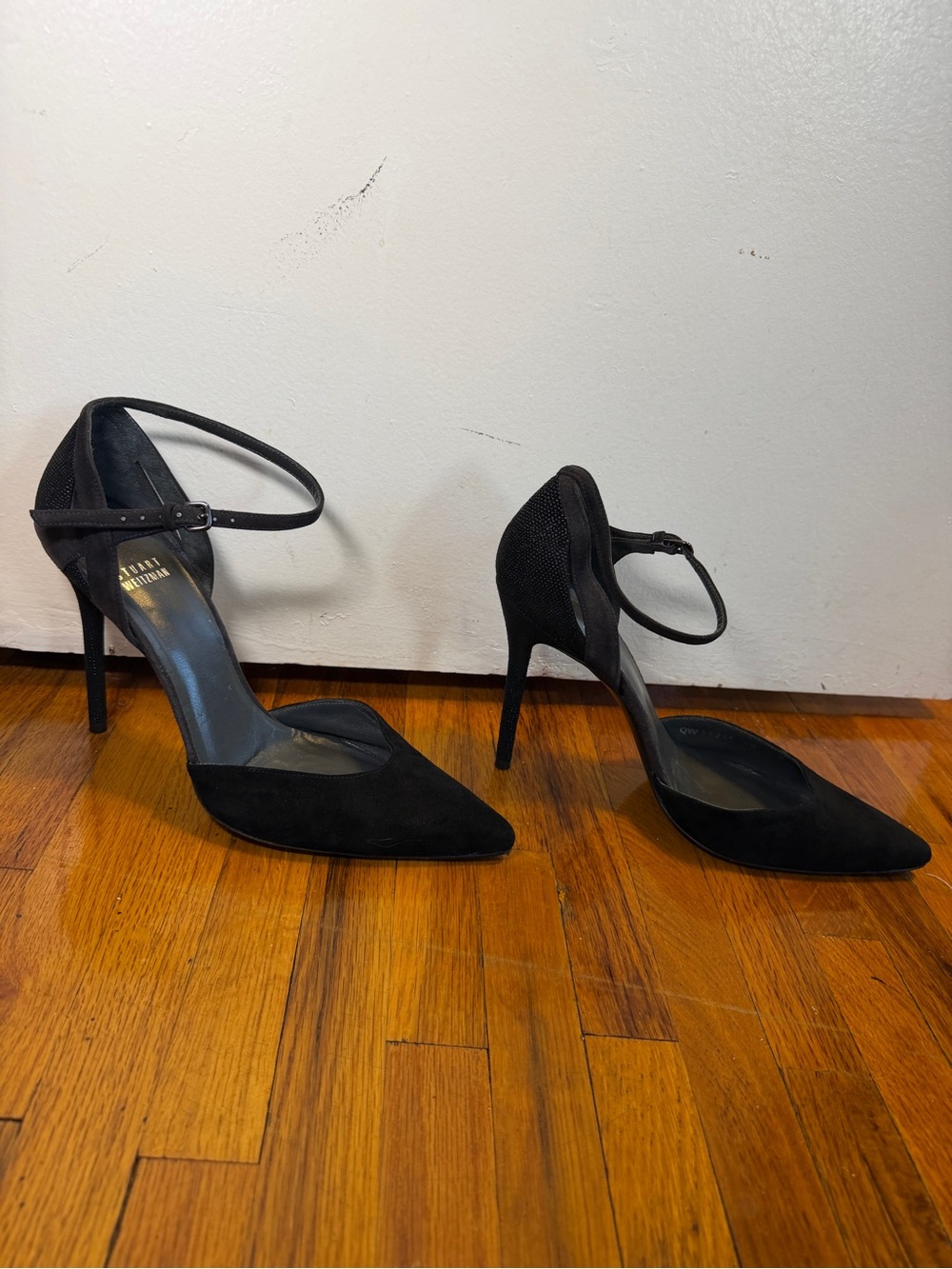 Stuart Weitzman Black Suede Pointed Ankle-Strap Pumps - Picture 4 of 9